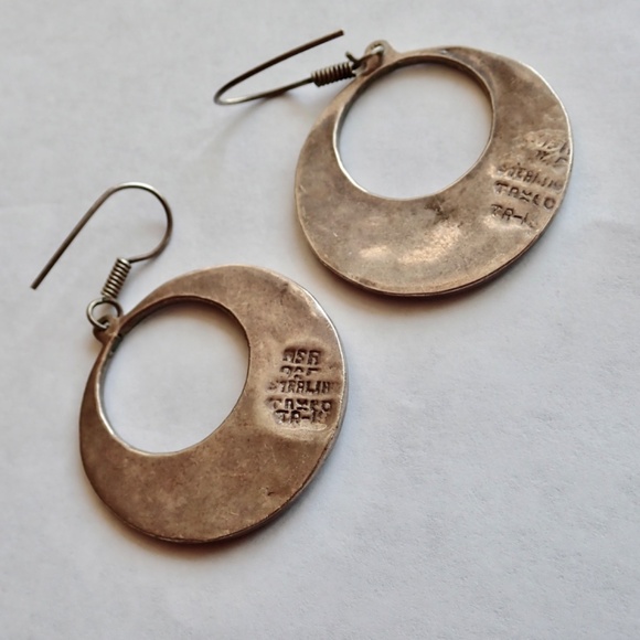 Vintage Mexico Alpaca Inlay Abalone Shell Signed Earrings Hoop Dangle Pierced - Picture 4 of 11